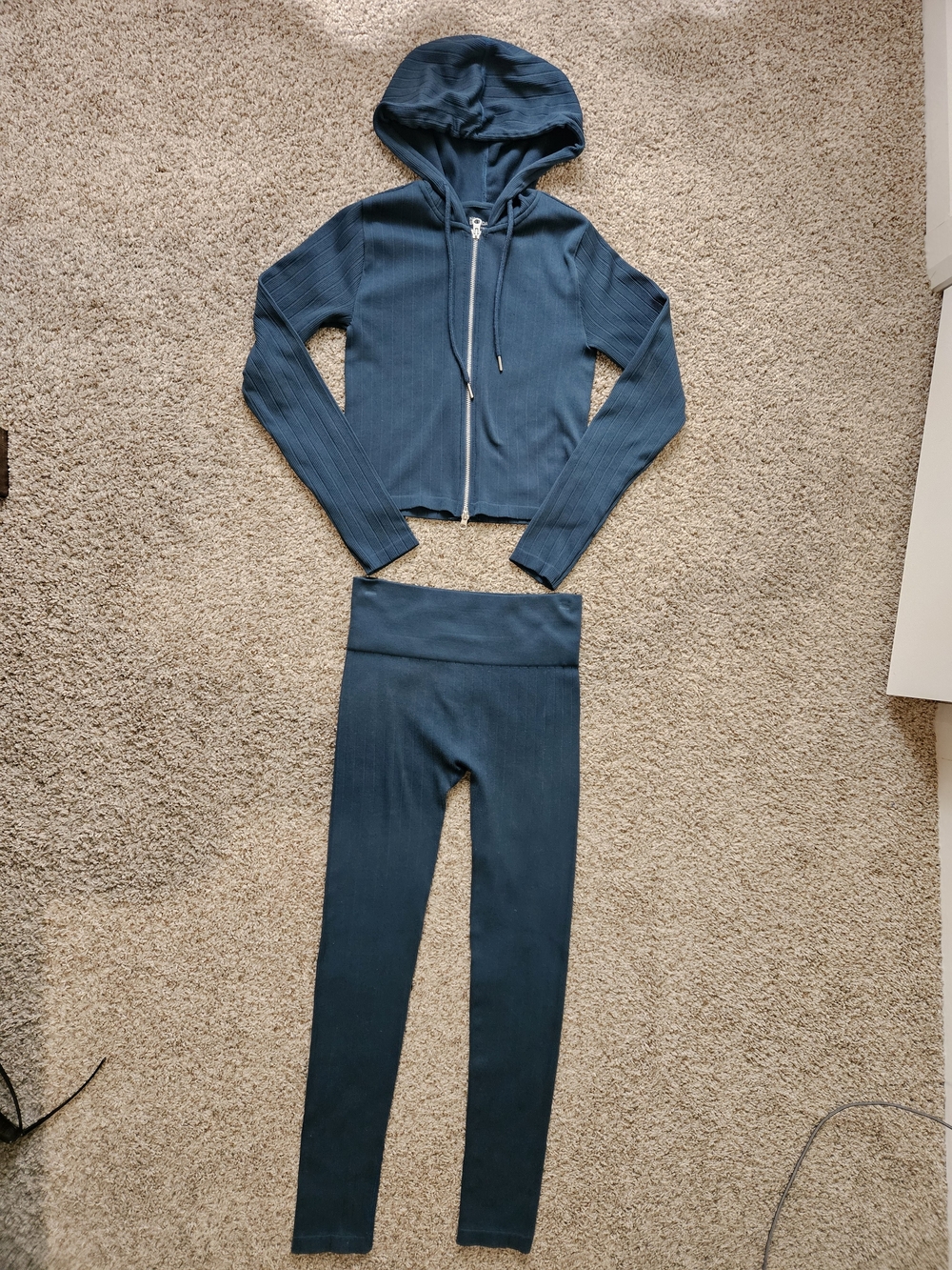 No Boundaries Ribbed Zip Hoodie & High-Waist Leggings Set — Teal Blue